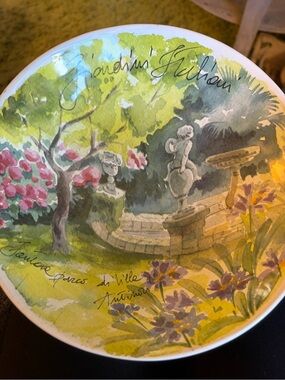Hand-Painted Garden Scene Decorative Plate - Green from Italy 8.25 diameter